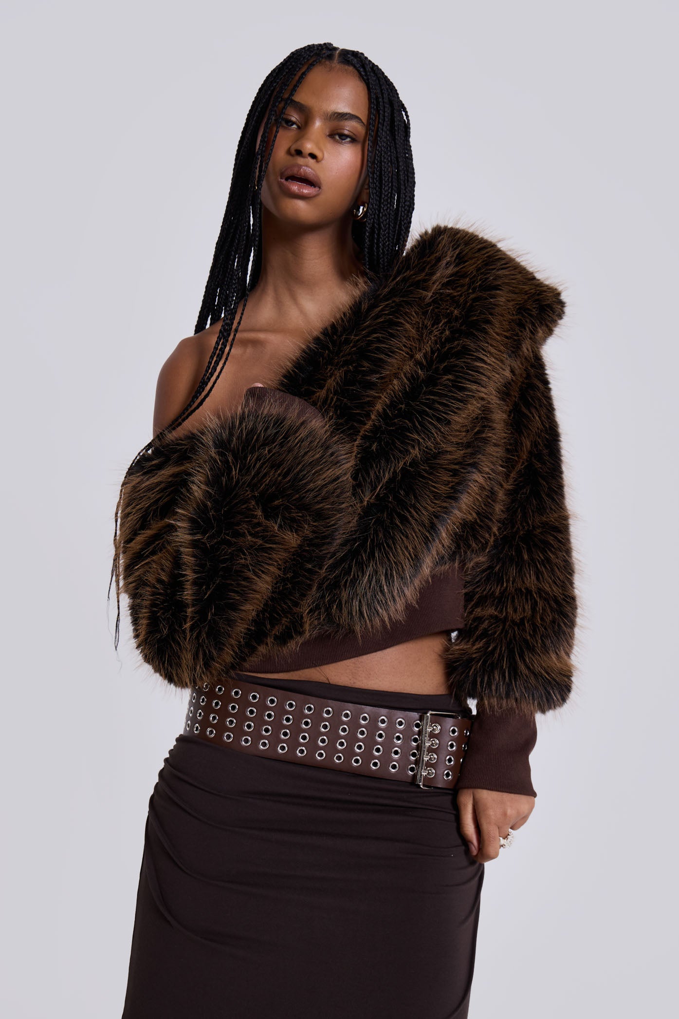 Brown 316 Off-Shoulder Fur Sweater