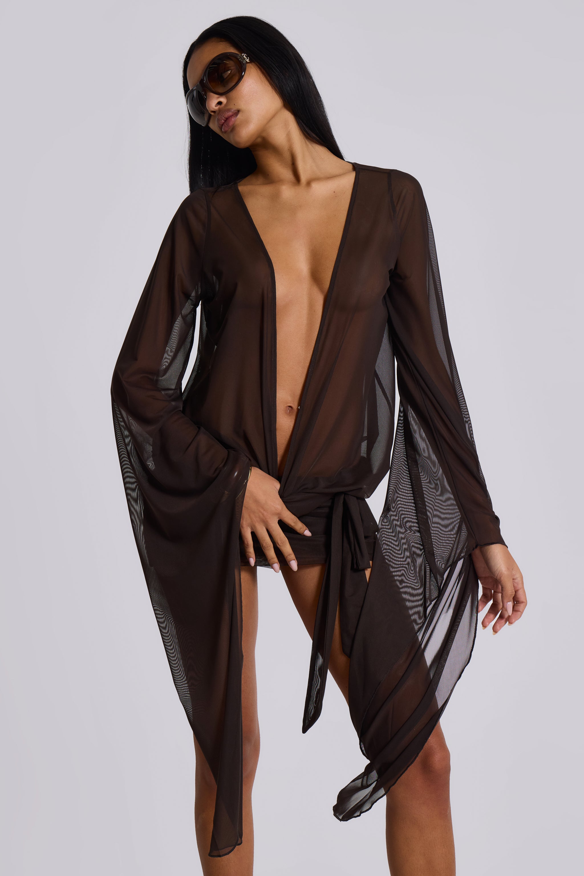 Brown Aria Mesh Plunge Mini Dress