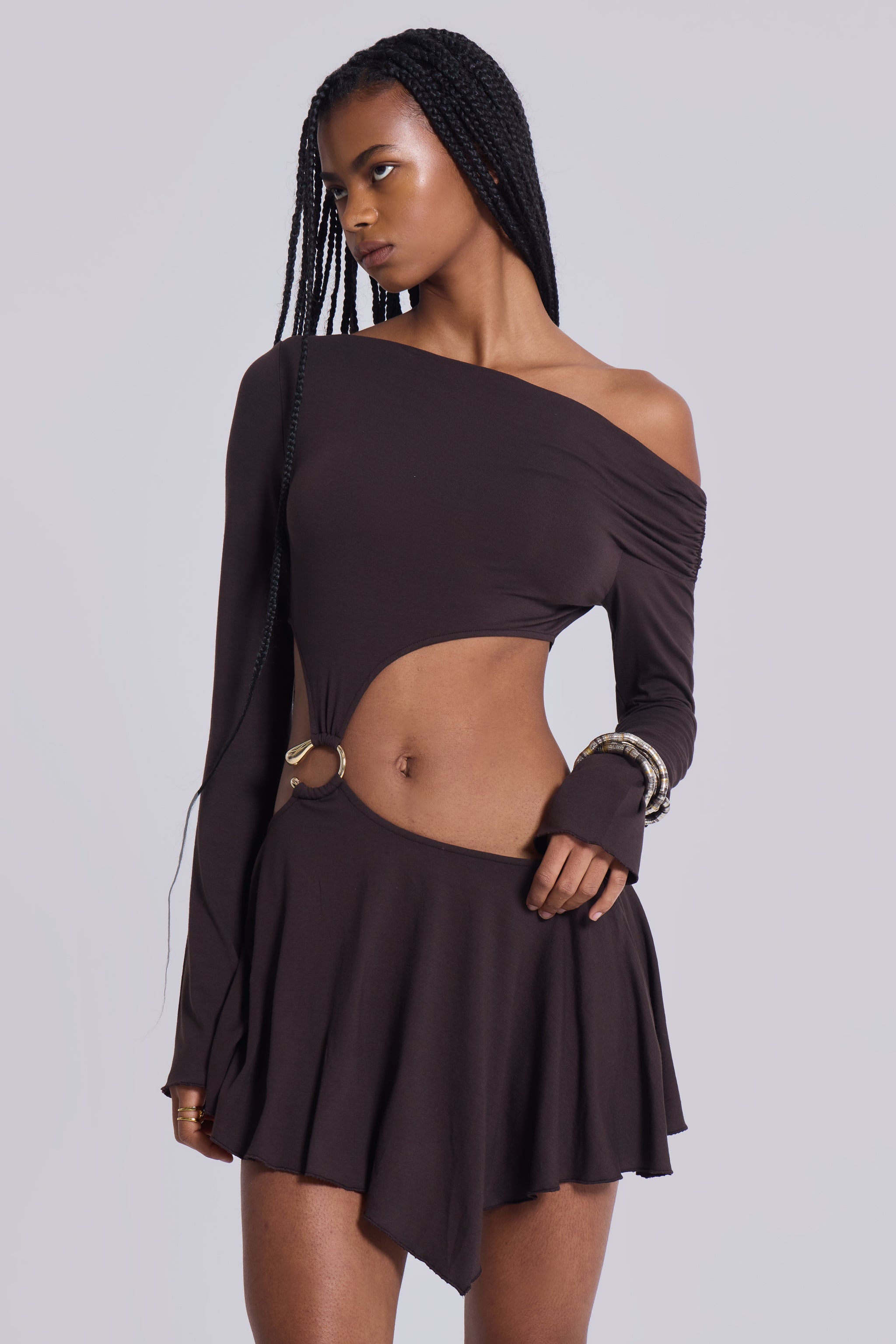 Brown Asymmetric Mini Dress by Dera