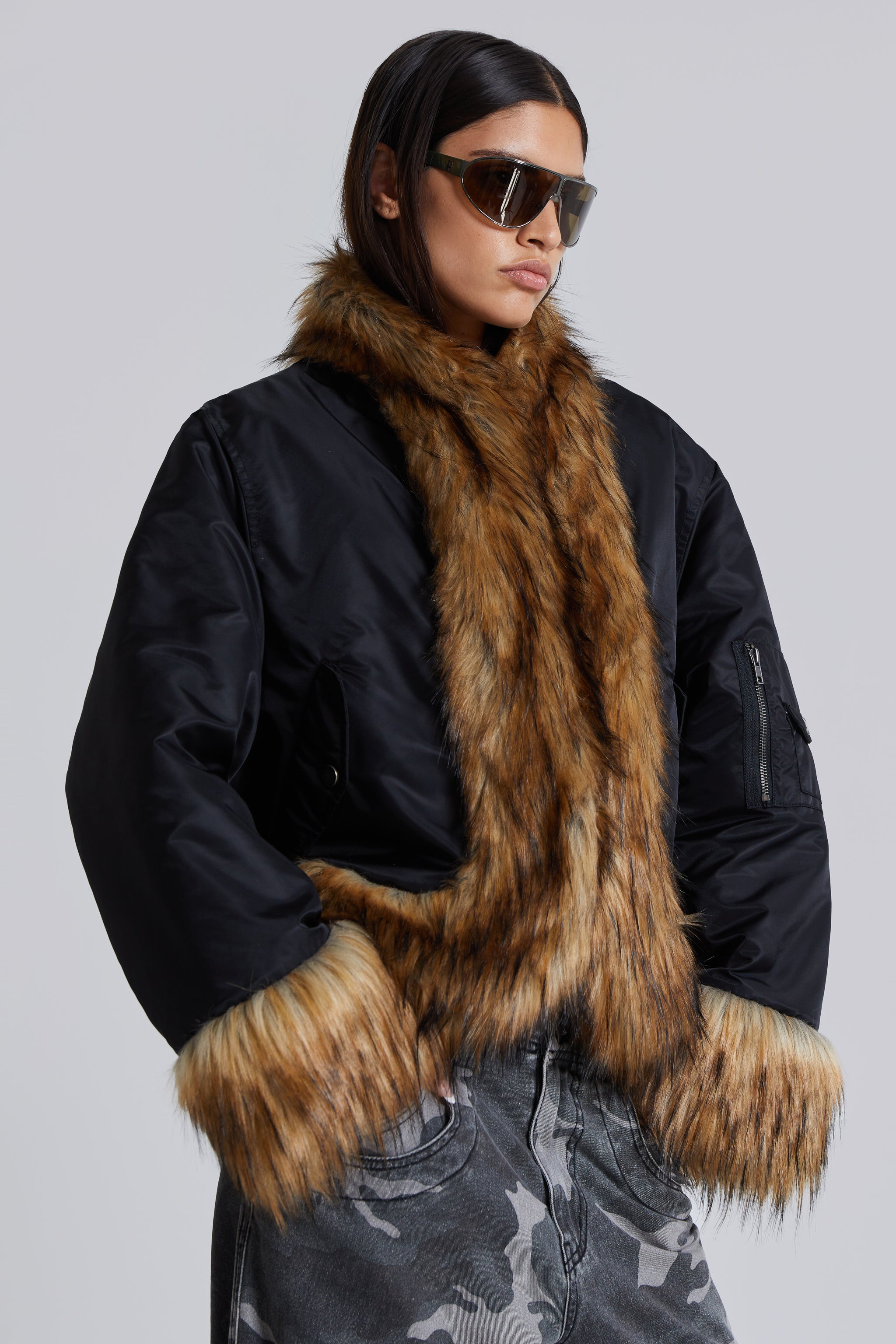 Black Faux Fur Bomber Jacket by Evren