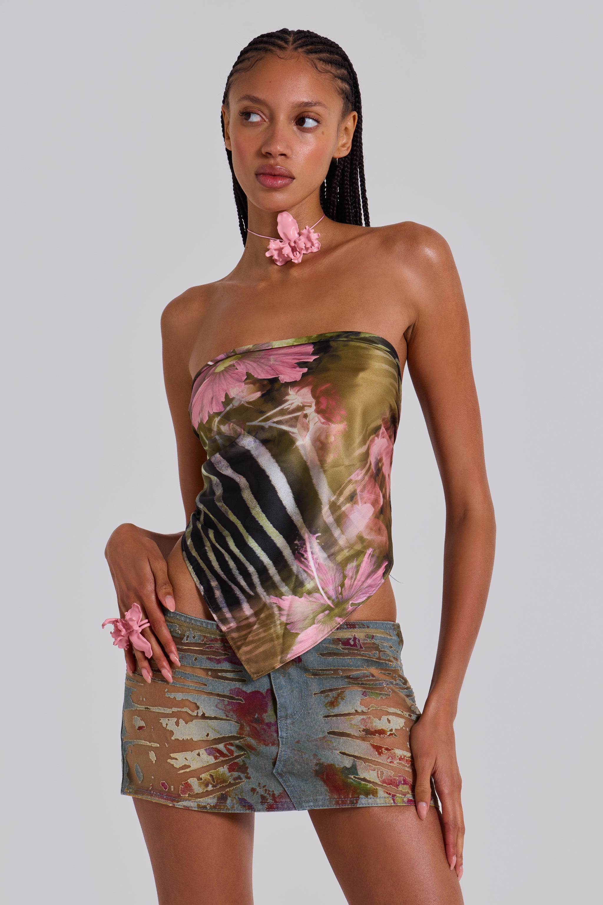 Floral Micro Mini Skirt - Denim Burnout Style