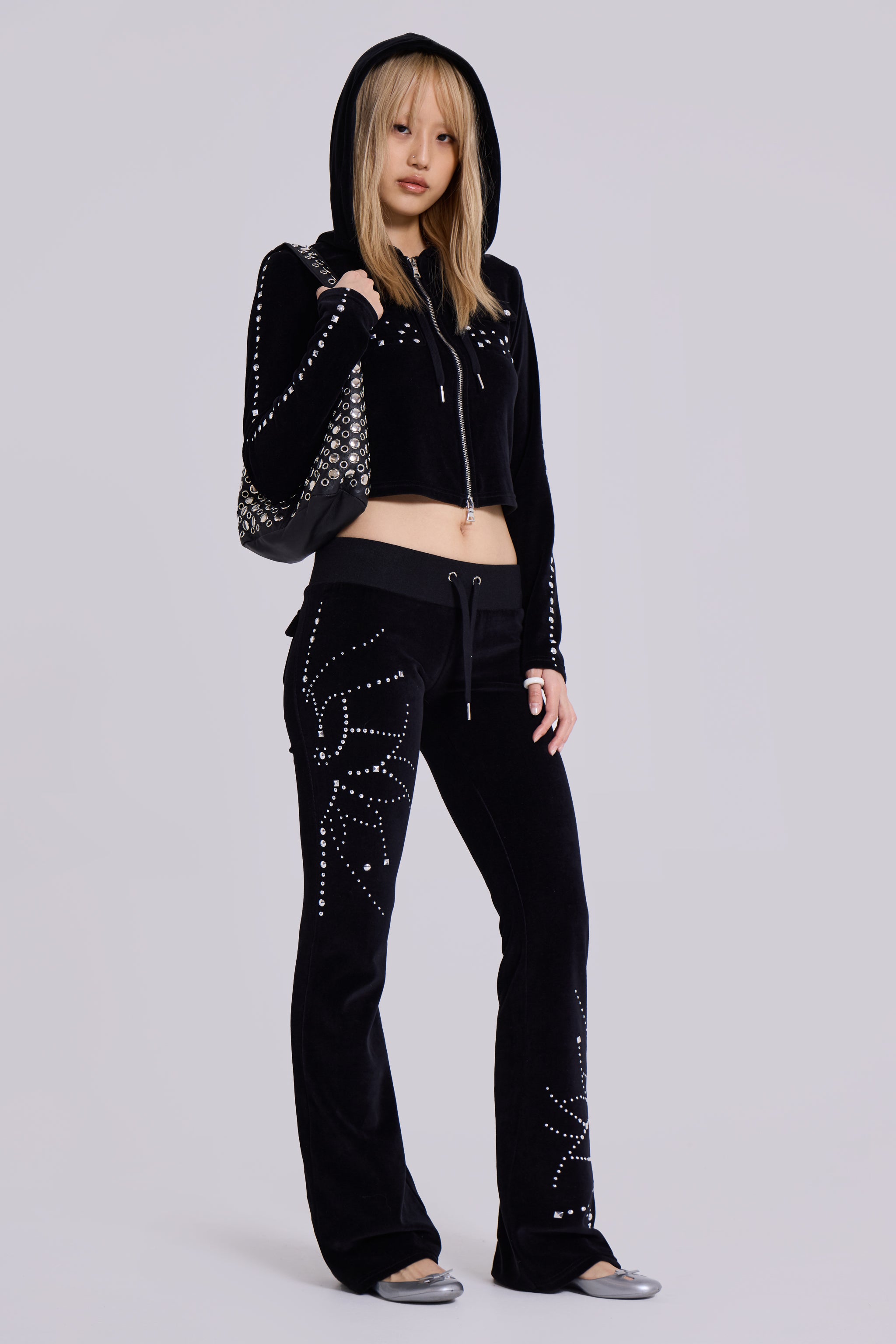 Studded Velour Bootcut Pants for Women
